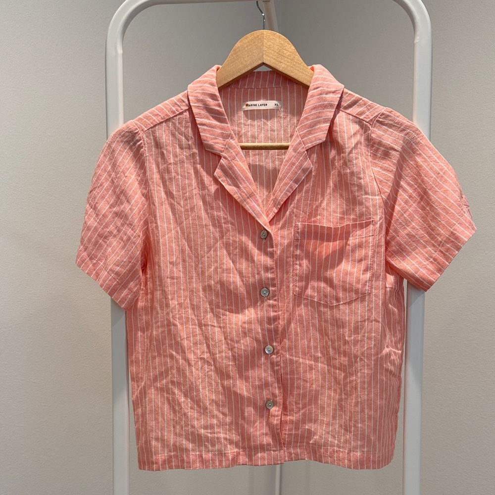 Marine Layer Eden SS PJ Top in coral/antique white stripe, size XS.